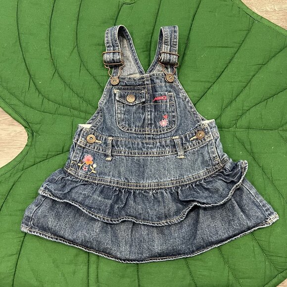 OshKosh B'Gosh 12M Denim Ruffle Floral Embroidered Jean Overall Dress - Picture 1 of 5